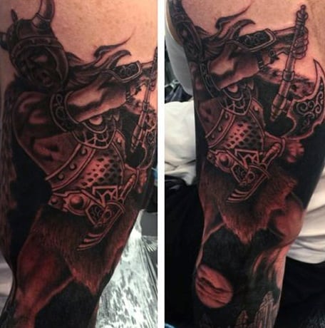 Heroic Warrior Tattoo With Mellow Shades Male Legs