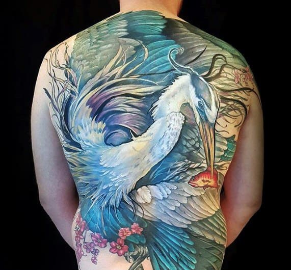 Heron Full Back Male Tattoo Designs