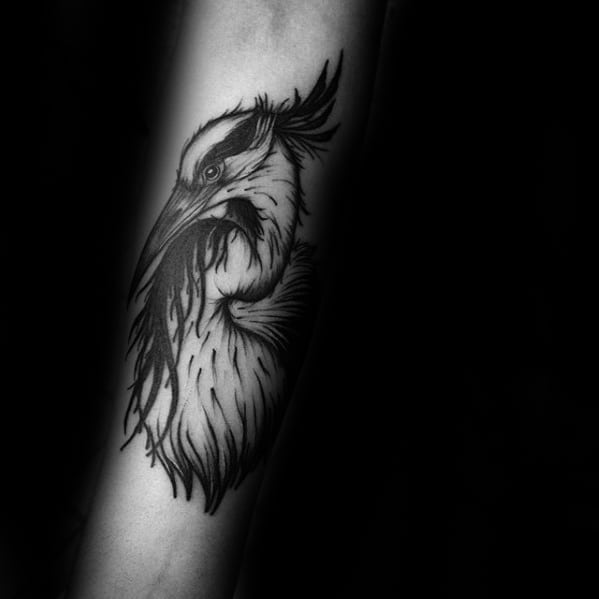 Heron Tattoo Black Ink Inner Forearm Ideas For Gentlemen
