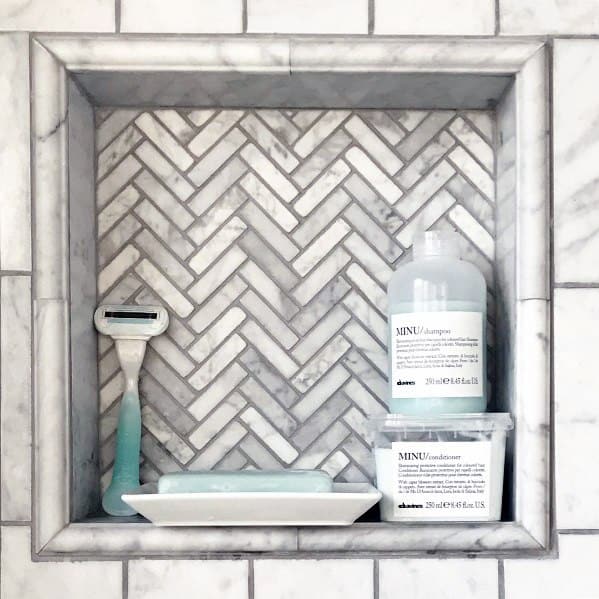 Herringbone Marble Tiles Nice Shower Niche Bathroom Ideas