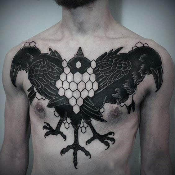 Hexagon Geometric Black Crows Guys Cover Up Chest Tattoos