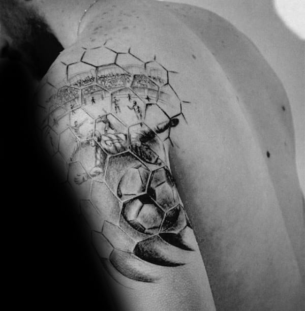 Hexagon Soccer Net Mens Upper Arm Tattoos