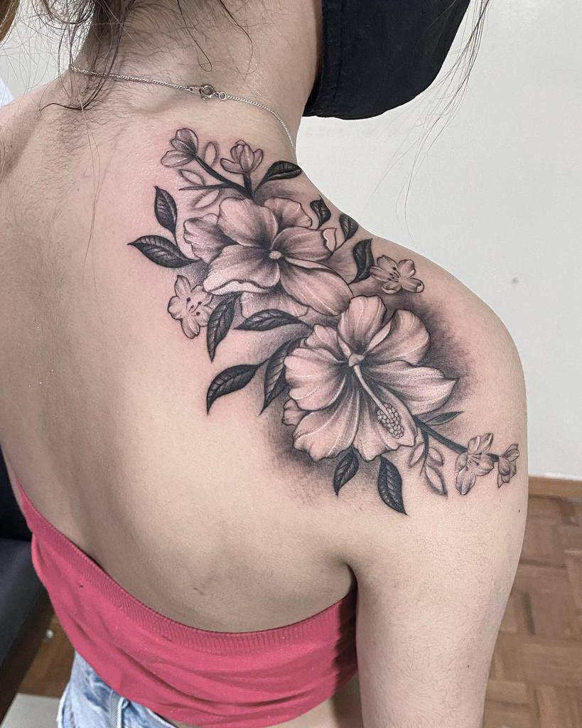 hibiscus flower shoulder tattoo francois_ft_art