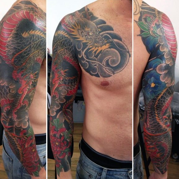 100 Dragon Sleeve Tattoo Designs For Men Fire Breathing Ink Ideas - dragon tattoo with muscles roblox