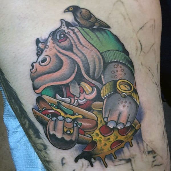 Hippo Eating Burger Food Tatto Male Arms
