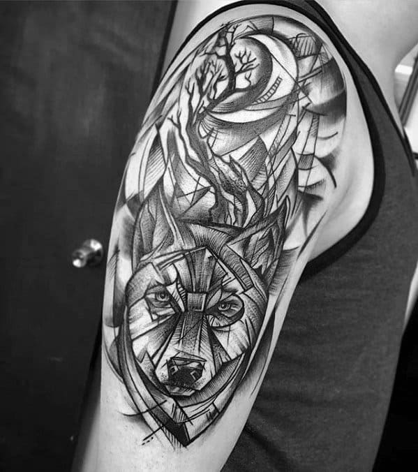 Hlaf Sleeve Sketched Guys Tattoos With Sick Wolf Design