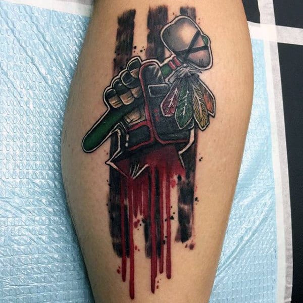 Hockey Glove With Tomahawk Guys Chicago Blackhawks Tattoo On Leg