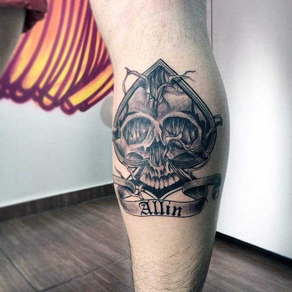 Hollow Eyed Skull In Ace Symbol Tattoo Mens Calves