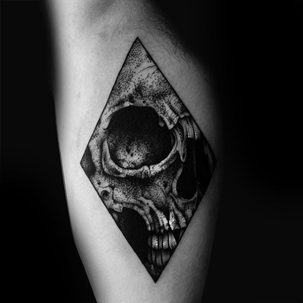 Hollow Eyed Skull Inside Triangle Dotwork Tattoo Male Forearms