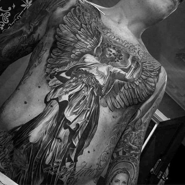 Holy Angel Mens Black Ink Back Tattoo