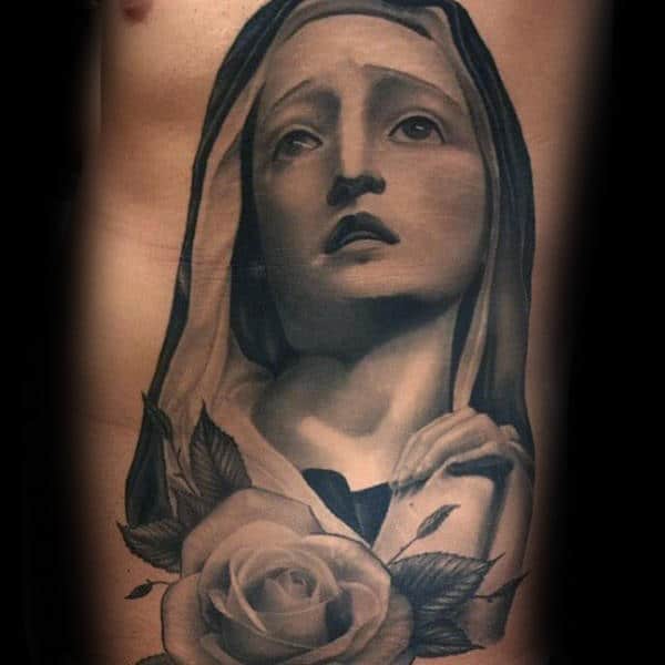 Holy Virgin Mary Guys Shaded Rib Cage Side Of Body Tattoos