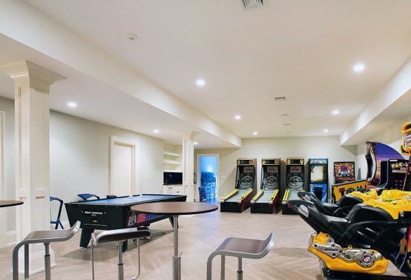 Home Basement With Game Room White Paint Wall Design