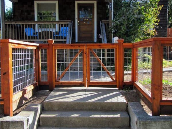 gated front yard wood fence with wire 