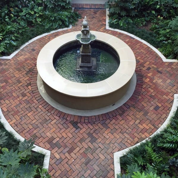 Home Ideas Brick Patio Walkway With Water Fountain Feature