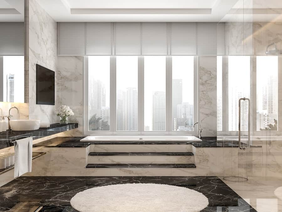 Home Interior Designs Black Marble Bathroom With Wood Vanity