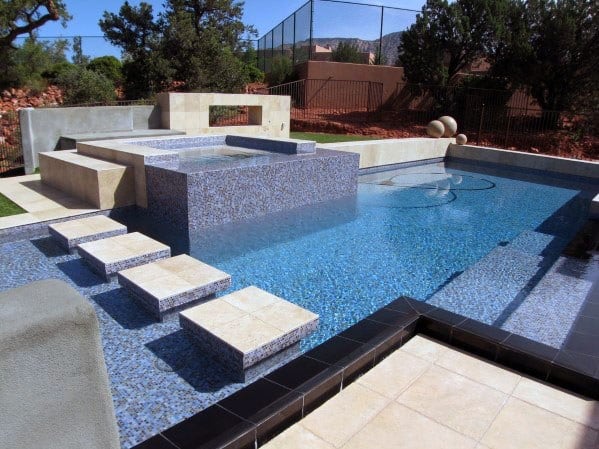 beige and blue mosaic tiles 