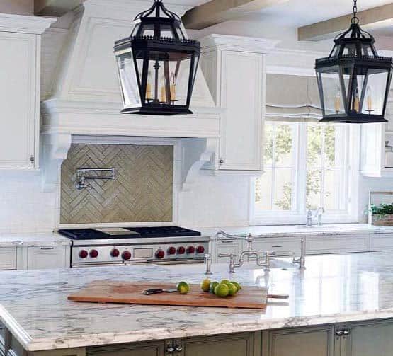 country style kitchen with lantern style ceiling lights 