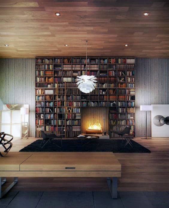 fireplace-centered library