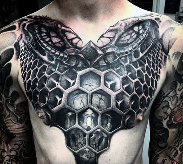 Honeycomb 3d Guys Skull Chest Tattoos