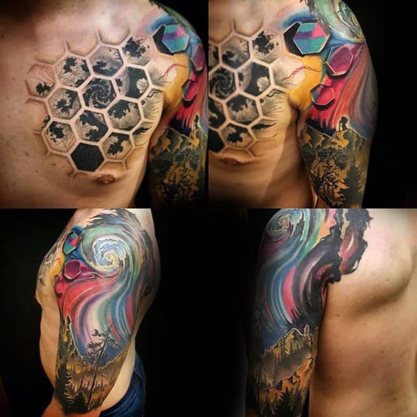 Honeycomb Mens 3d Factal Arm And Chest Tattoos