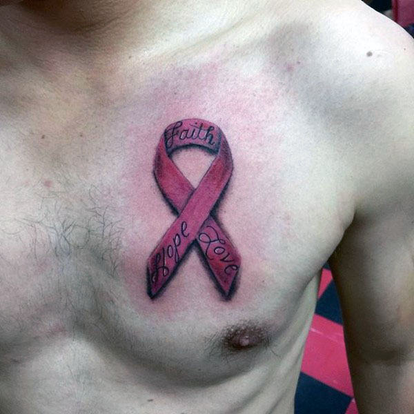 Hope Memorial Cancer Ribbon Mens Chest Tattoo With Pink Design