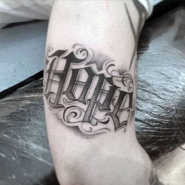 Hope Old English Mens Outer Arm Tattoos