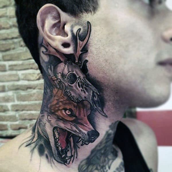 Horrific Skull And Fox Tattoo Mens Neck