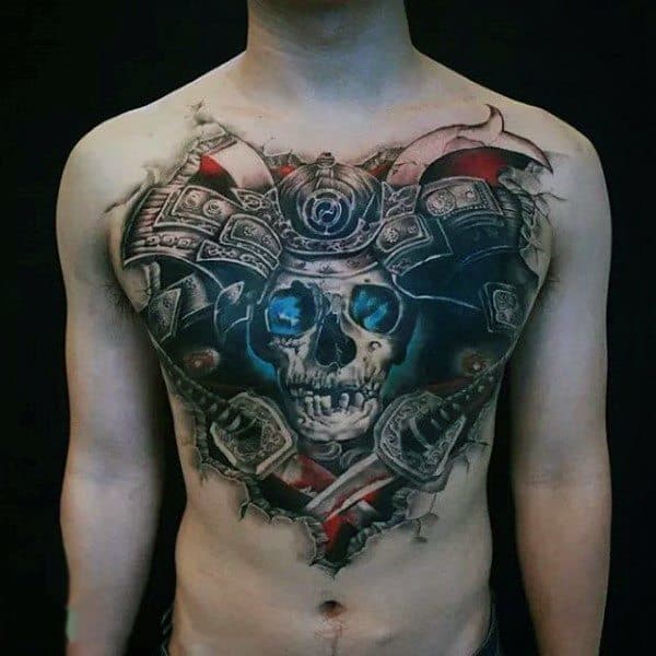Horrifying Blue Eyed Warrior Skull Tattoo Mens Torso