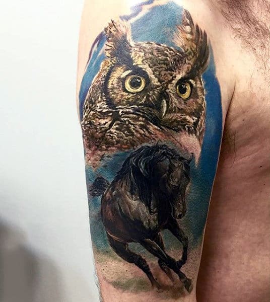 Horse With Owl Watercolor Mens Animal Upper Arm Tattoos