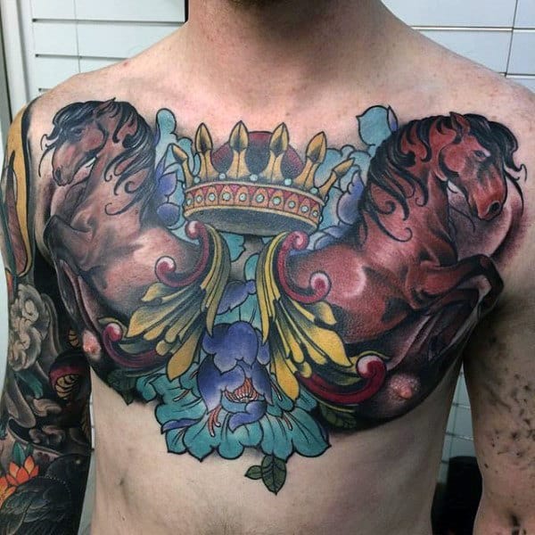 Horses With Crown Colorful Mens Upper Chest Tattoo Ideas
