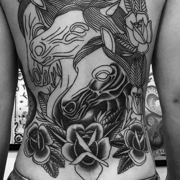 Horses With Flowers Guys Old School Traditional Back Tattoo