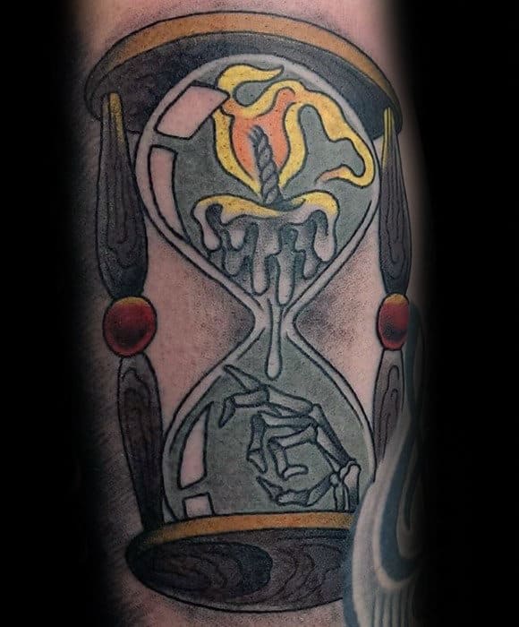 Hourglass With Candle Guys Traditional Arm Tattoo
