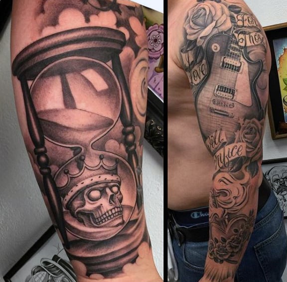 Hourglass With Crowned Skull Tattoos For Men On Arm