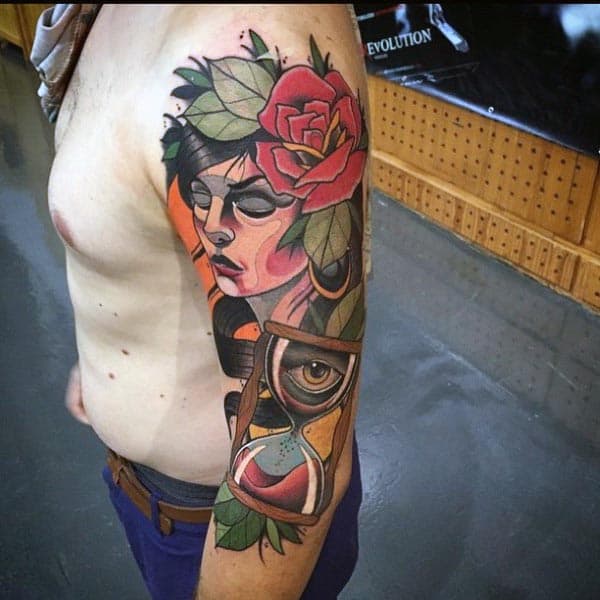Hourglass With Female Portrait Cool Arm Guys Tattoo Ideas