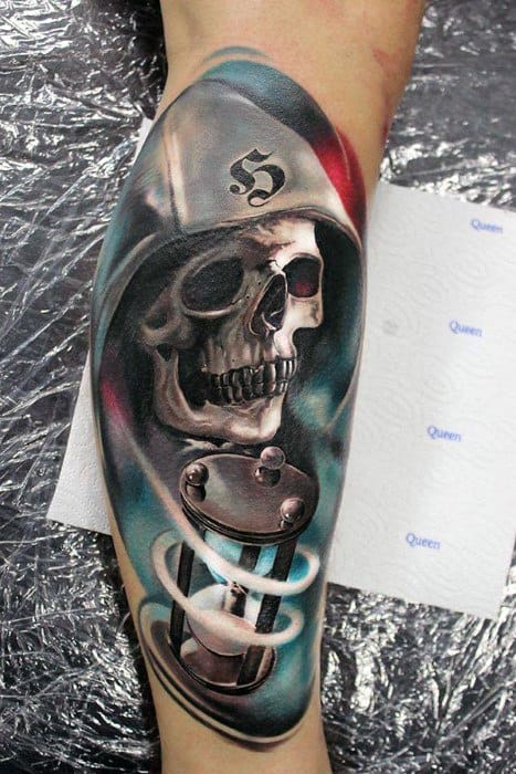 Hourglass With Skull Mens Realistic Leg Tattoo