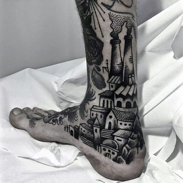 Houses With Large Chimneys Tattoo On Foot For Males