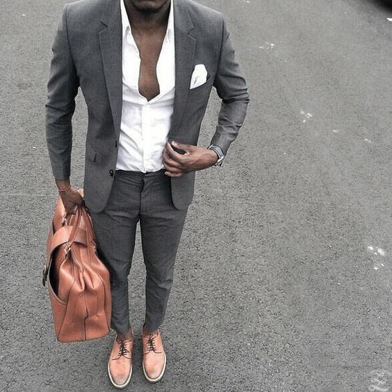 How To Wear A Grey Suit Without A Tie White Dress Shirt Tan Leather Shoes Mens Outfits Style