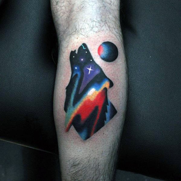 Howling Wolf With Moon Small Colorful Night Sky Mens Leg Calf Tattoo