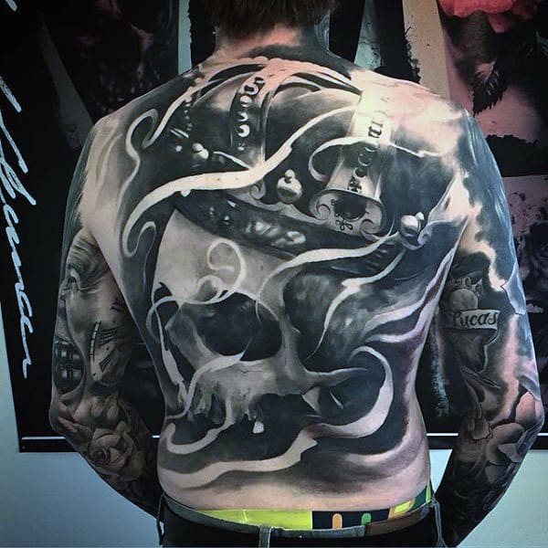 Huge Crown Tattoo With Contemporary Art Fullback For Male