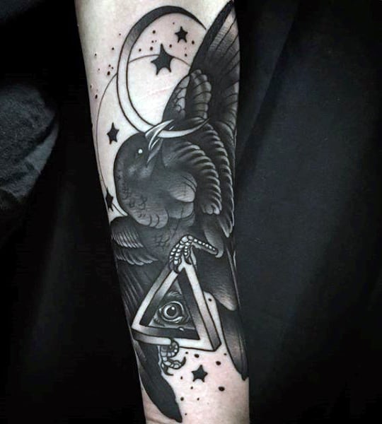 Huge Dark Bold Eagle With Triangle Tattoo On Arms For Men