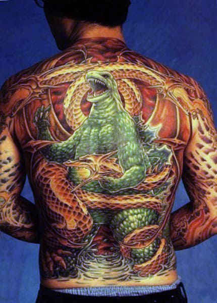 Huge Godzilla On Back Detailed Tattoo For Man