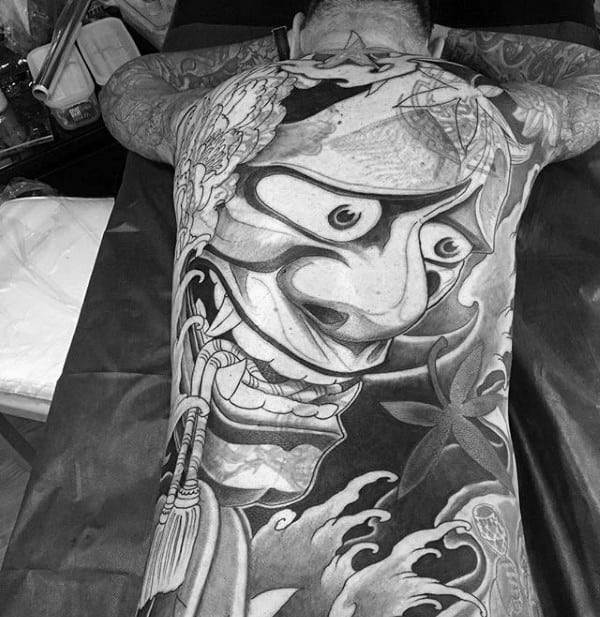 Huge Hannya Mask Mens Full Back Tattoo With Japanese Design