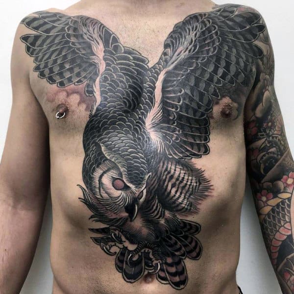 Huge Owl Chest Tattoos On Man With Black Ink