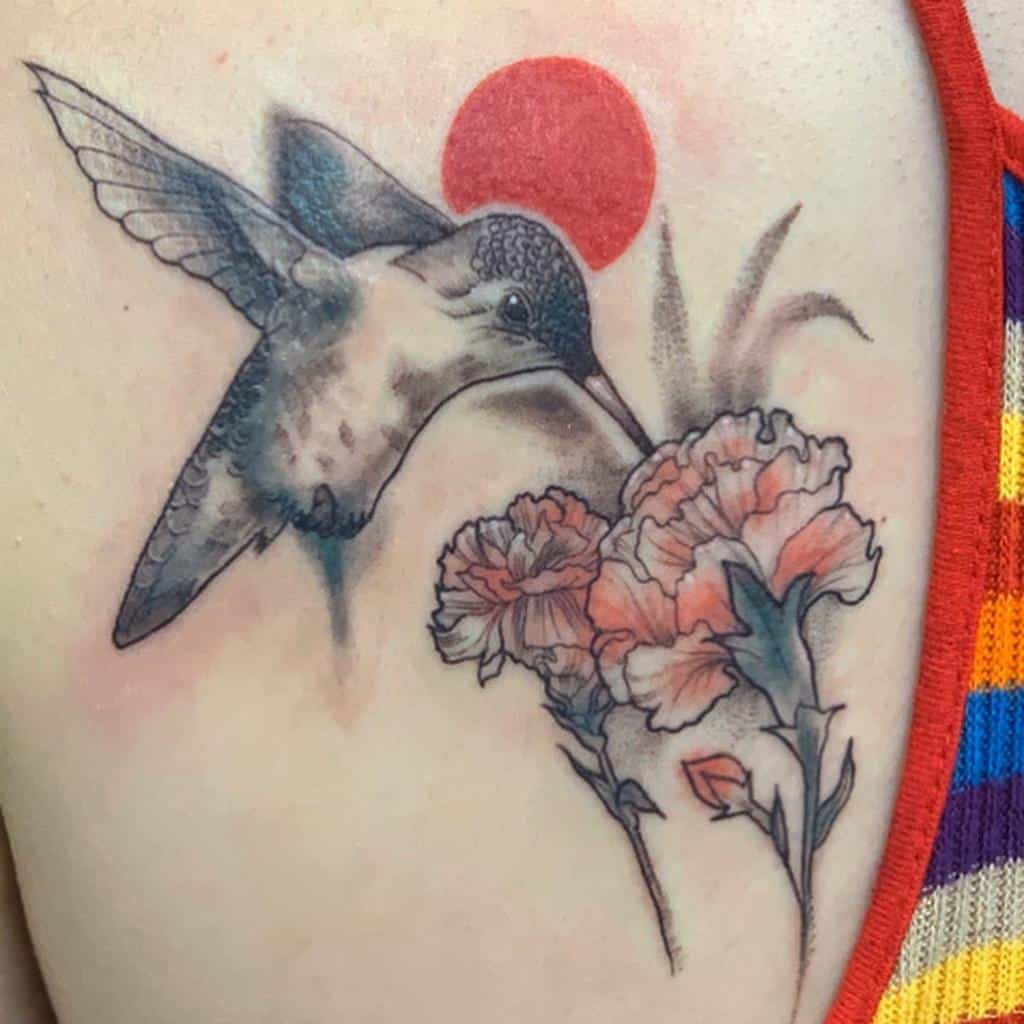 hummingbird rising sun carnation tattoo lowbarink