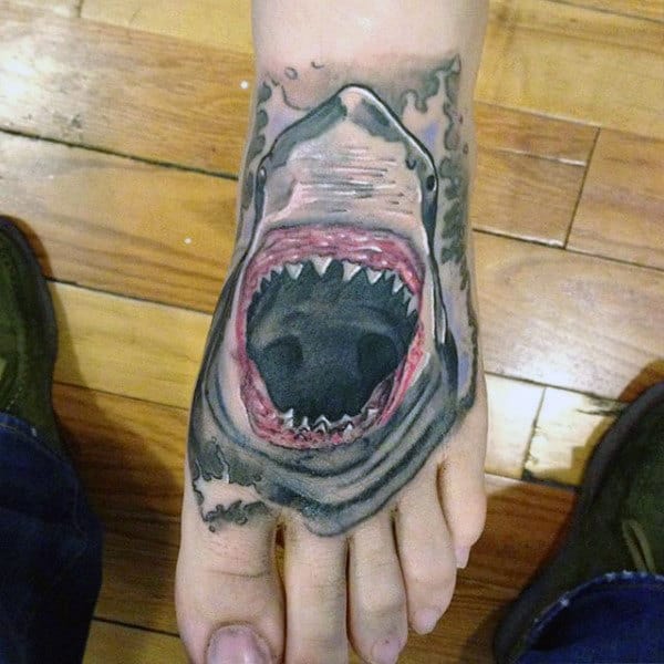 Hungry Open Mouthed Shark Tattoo On Foot For Men