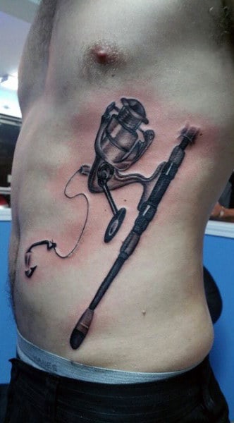 Hunting And Fishing Pole Tattoos For Men On Ribs