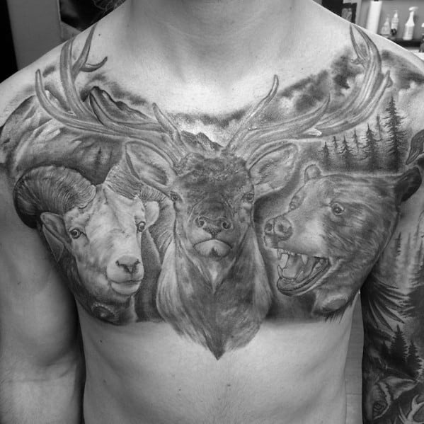 Hunting Themed Guys Elk Bear And Ram Shaded Black And Grey Chest Tattoos