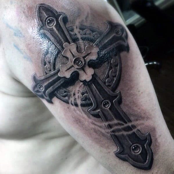 Hyper Realistic 3d Badass Mens Upper Arm Decorative Cross Tattoo