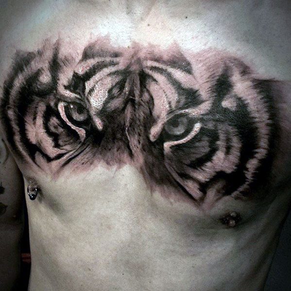 Hyper Realistic 3d Chest Manly Tiger Eyes Tattoo Design Ideas For Men