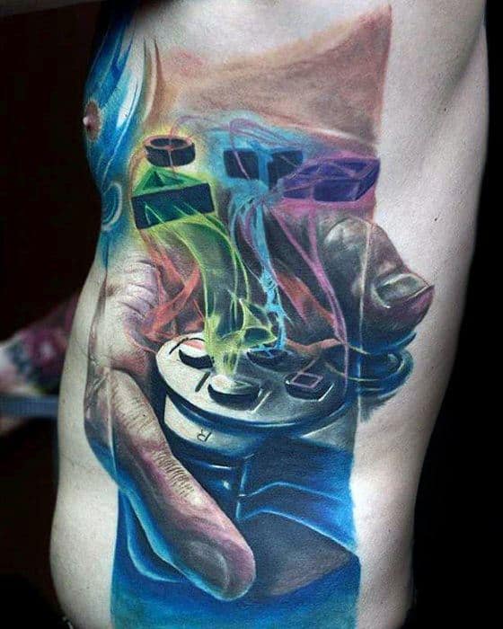 Hyper Realistic 3d Playstation Controller Guys Rib Cage Side Tattoos